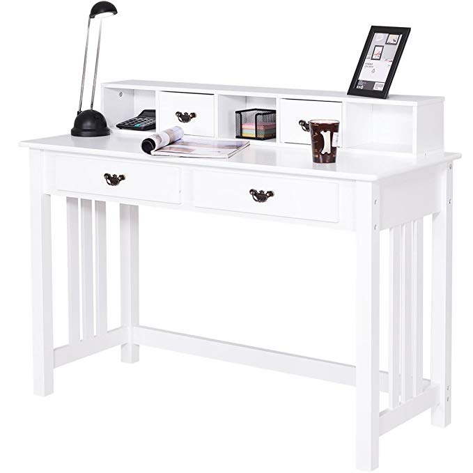 Giantex Writing Desk Table Office Computer Desk Wooden Legs Modern Home Mission Desk with 4 Storage Drawers, White (47.5