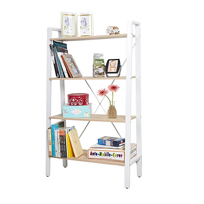 Dporticus 4 Tier Modern Ladder Bookshelf Free Standing Open Bookcase Storage Shelf Units Display Stand, Oak and White, 31.4