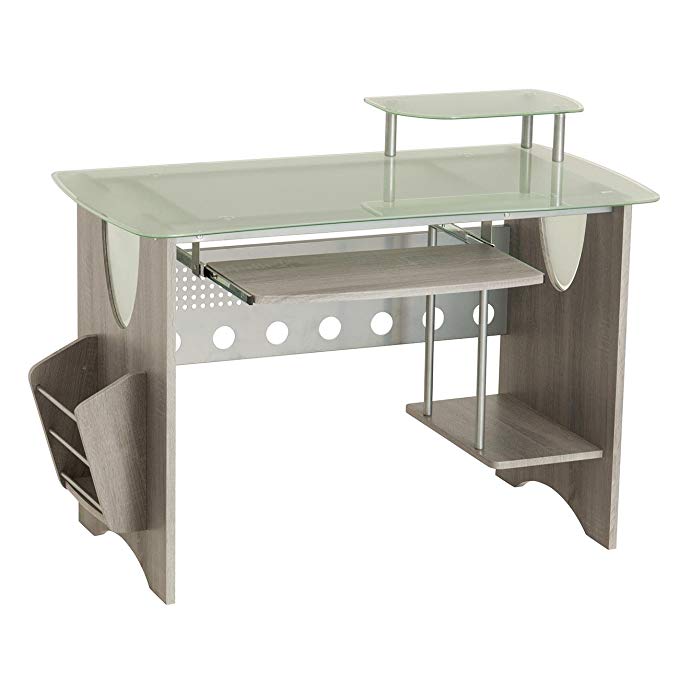 Techni Mobili Stylish Frosted Glass Top Computer Desk with Storage. Color Grey