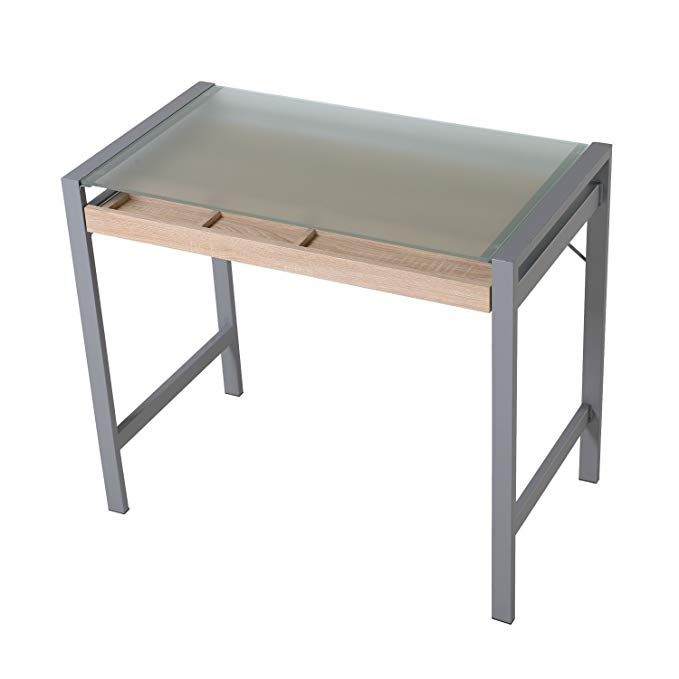 HomCom Modern Wood Steel Frosted Glass Computer Desk Writing Table w/Drawer