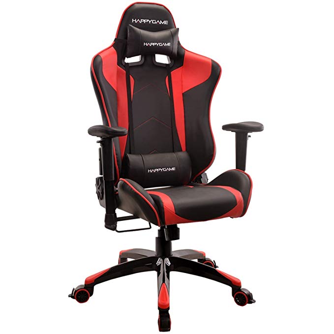 HAPPYGAME Racing Gaming Chair Oversized High-Back Ergonomic Computer Desk Office Chair PU Leather, Adjustable Headrest and Lumbar Support, Red