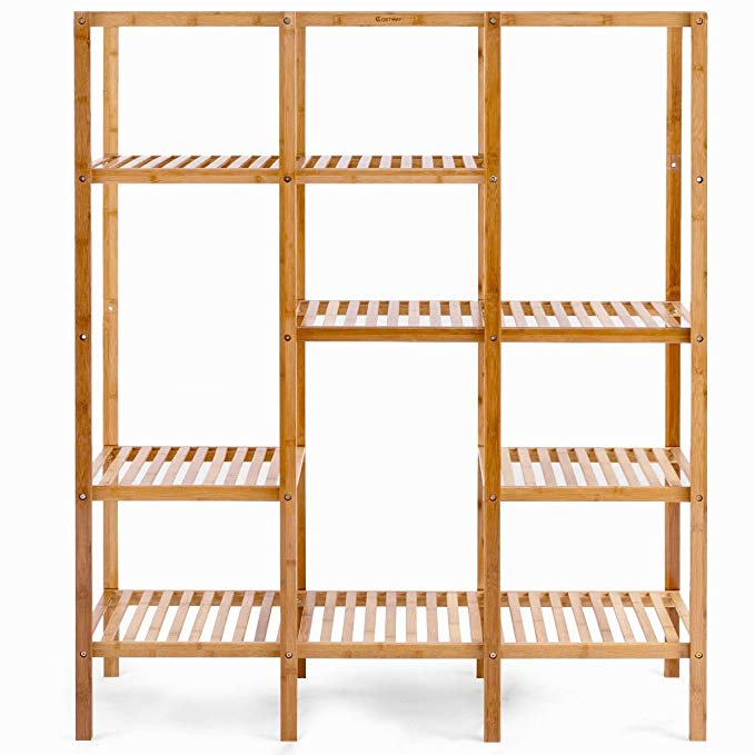 MyEasyShopping 5 Tier Solid Bamboo Construction Leaning Wall Bookcase Shelf Home Shelving Furniture Stand Decor