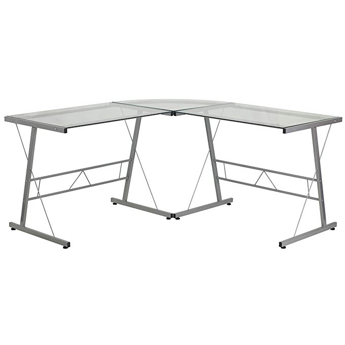 Flash Furniture Glass L-Shape Computer Desk with Silver Frame Finish