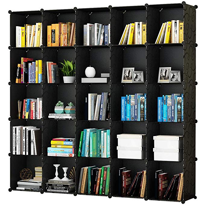 KOUSI Portable Storage Shelf Cube Shelving Bookcase Bookshelf Cubby Organizing Closet Toy Organizer Cabinet, Black, 25 Cubes