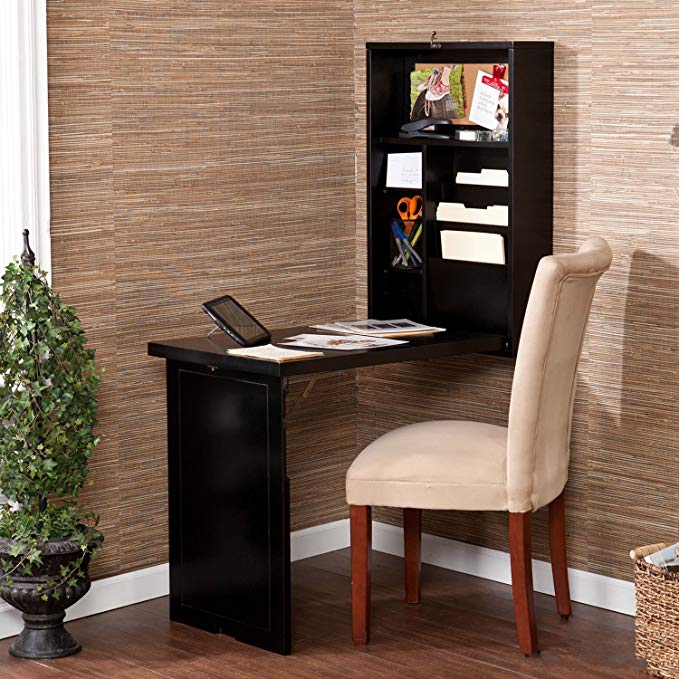 Space Saving Desk Folds and Hides Away. It Opens Into a Compact Computer Writing Workstation. Attractive Guaranteed Functionality Describes This Convertible Fold Out Desk. Unfolded, the Top Half Is a Convenient Storage Area. The Bottom Is for Writing.