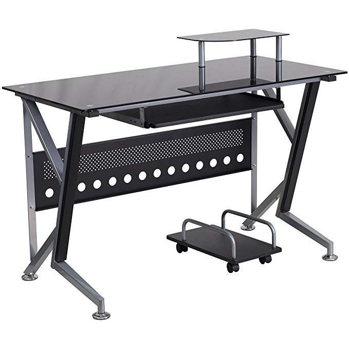 A Line Furniture Halli Black Glass Top Computer Desk with Pull Out Keyboard Tray and CPU Cart